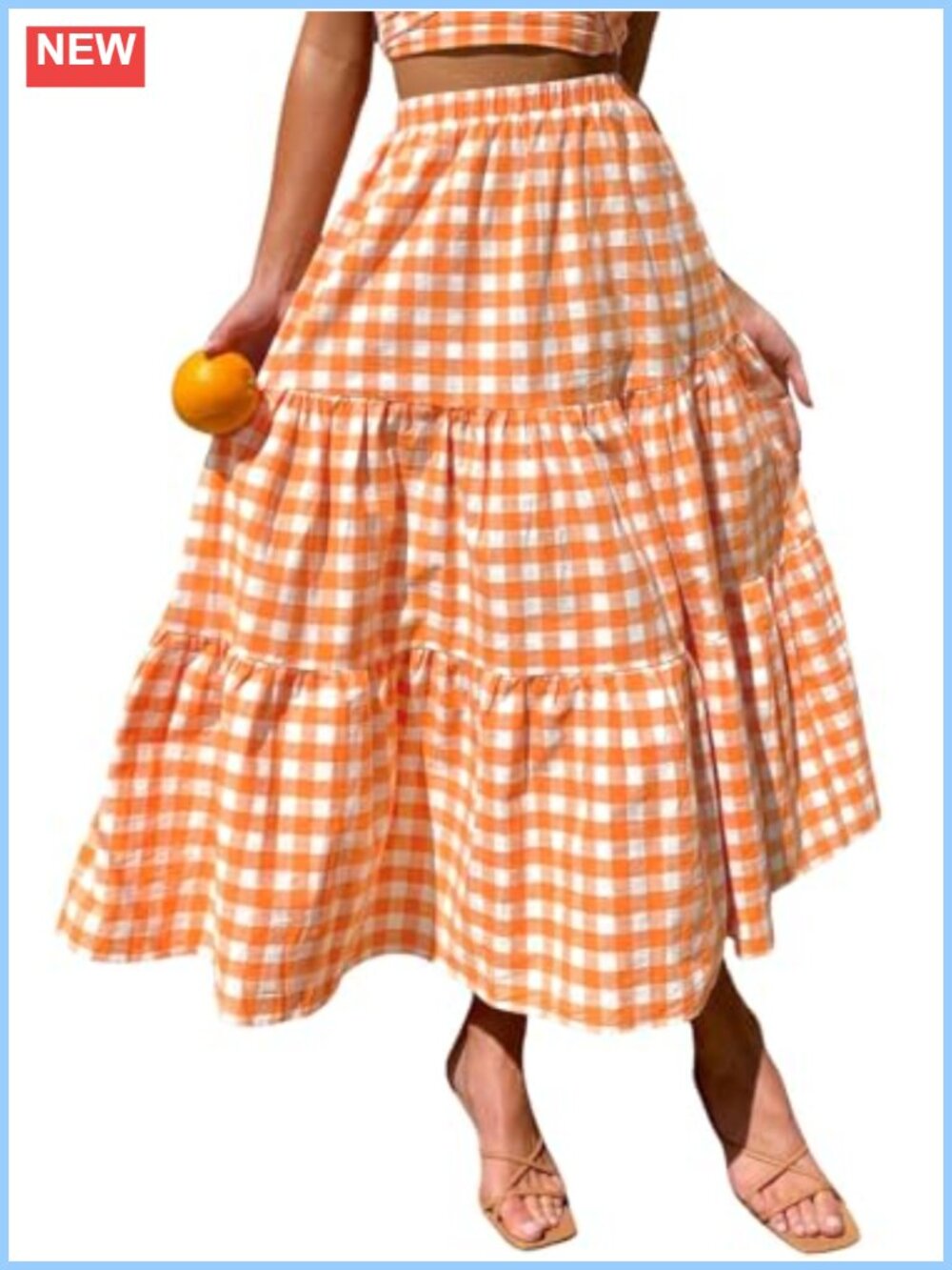 Women's Gingham Tiered Maxi Skirt with Pockets High Waist Flowy Boho Cotton